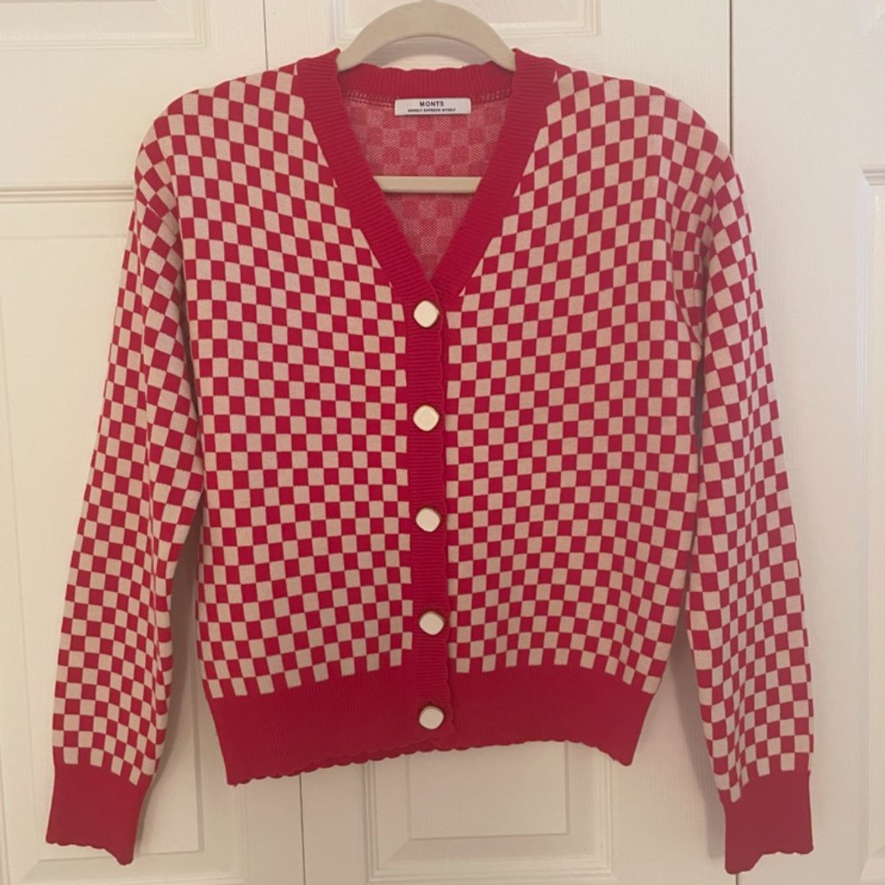 Wave Check Cardigan Knit Red Check
